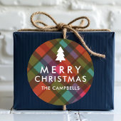 Colorful Modern Plaid Christmas Tree Name ラウンドシール