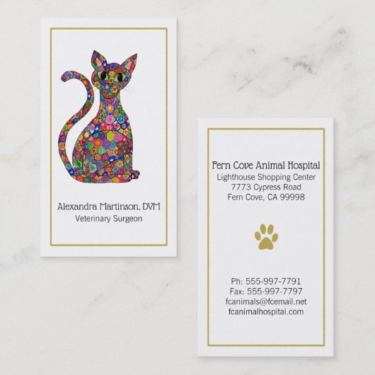 Colorful Mosaic Cat Gold Paw Animal 名刺 (正面/裏面)
