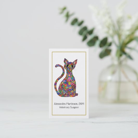 Colorful Mosaic Cat Gold Paw Animal 名刺 (スタンド正面)