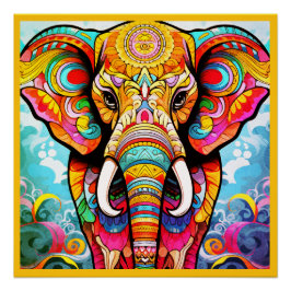 Colorful Mosaic Elephant on a Glossy Wall Poster ポスター