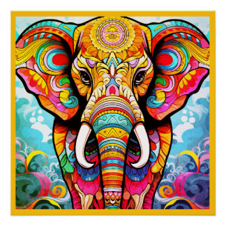 Colorful Mosaic Elephant on a Glossy Wall Poster ポスター