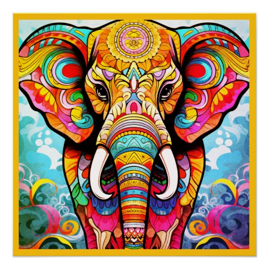 Colorful Mosaic Elephant on a Glossy Wall Poster ポスター (正面)