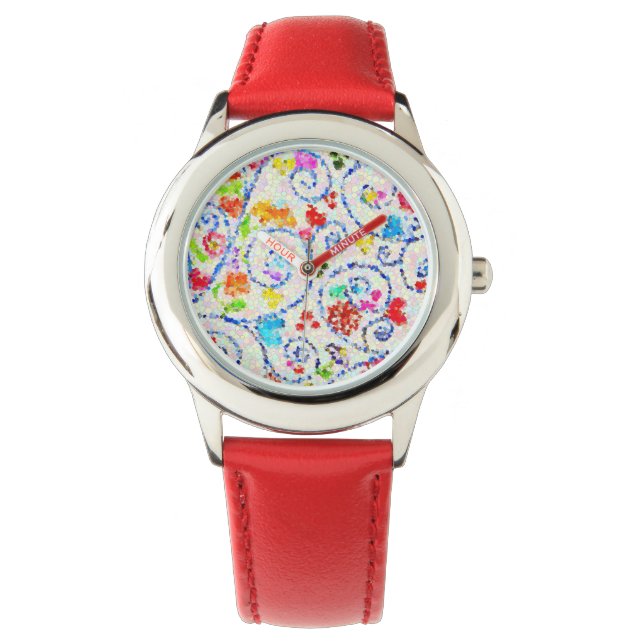 Colorful Mosaic Hearts and Swirls Whimsical Kids'  腕時計 (正面)