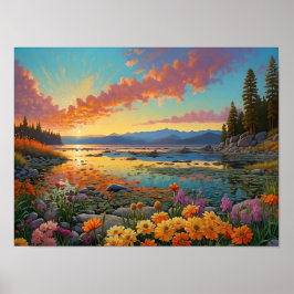 Colorful Mountain Lake Flowers Art ポスター