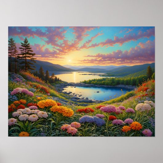 Colorful Mountain Lake Flowers Art ポスター (正面)