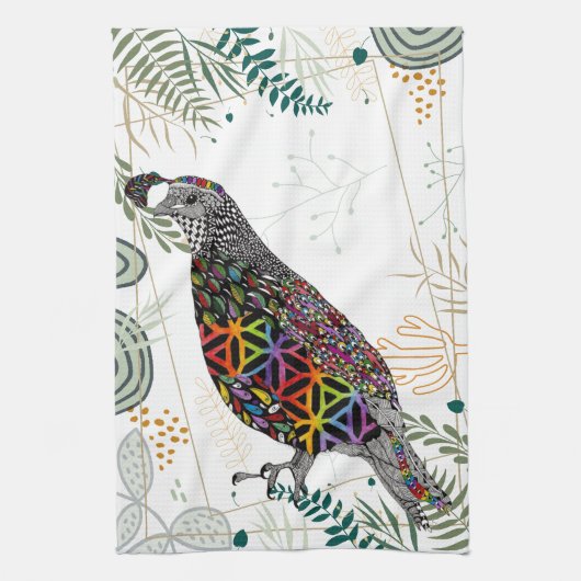 Colorful Mountain Quail Kitchen Towel キッチンタオル (縦)