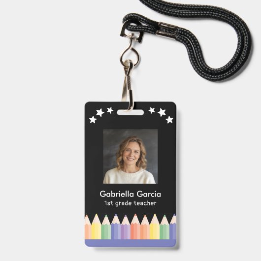 Colorful Name School Teacher badge バッジ (正面（ネックストラップ付）)