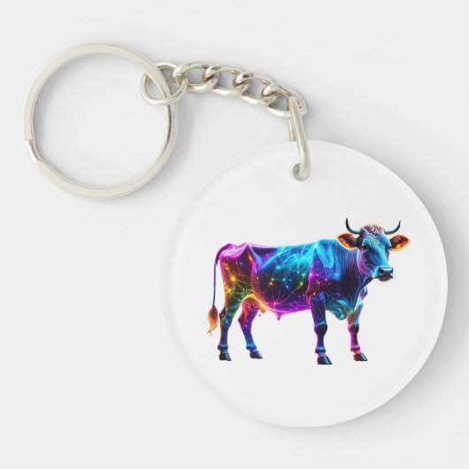 Colorful Neon Cow Art – Vibrant Glowing Cow キーホルダー (正面)