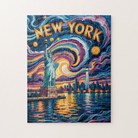 Colorful New York Skyline Retro Liberty Cityscape ジグソーパズル (縦)