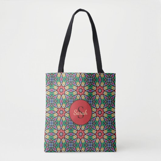 Colorful Ornate Kaleidoscope Pattern Monogram トートバッグ (正面)