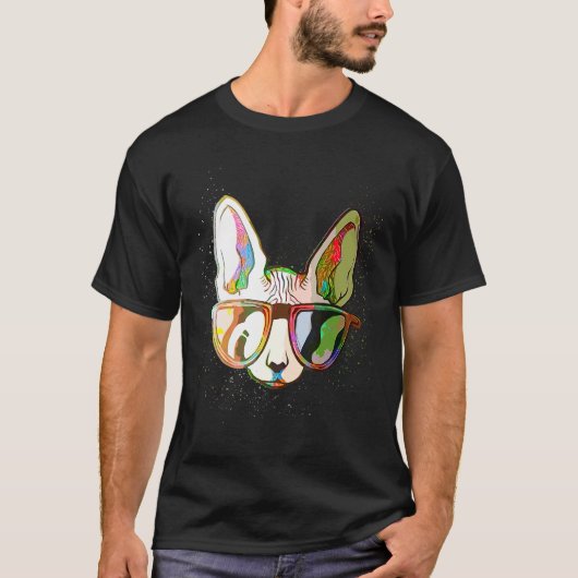 Colorful Paint Splash  Sunglasses Sphynx Cat Tシャツ (正面)
