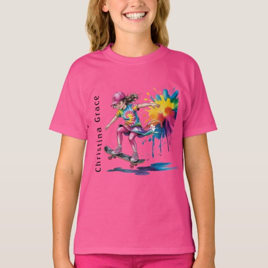 Colorful Painted Girl Skateboarder Birthday Name Tシャツ (正面)