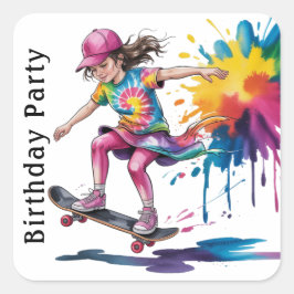 Colorful Painted Girl Skateboarder Birthday Party スクエアシール