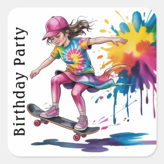 Colorful Painted Girl Skateboarder Birthday Party スクエアシール (正面)