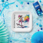 Colorful Painted Girl Skateboarder Birthday Party ペーパープレート (パーティー)