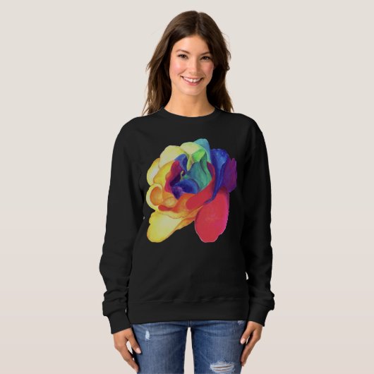 Colorful Painted Rose on Black Floral  スウェットシャツ (正面フル)