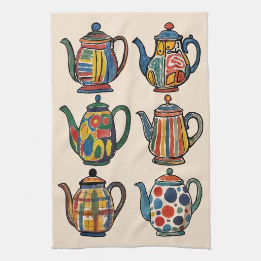 Colorful Painterly Teapot Towel キッチンタオル (縦)