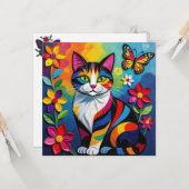Colorful Paper Cat, Flowers and Butterflies カード (正面/裏面インサイチュ)