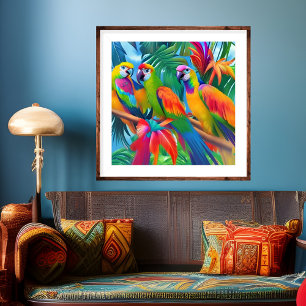 Colorful Parrot Birds Tropical Floral palms trees ポスター