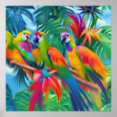 Colorful Parrot Birds Tropical Floral palms trees ポスター (正面)