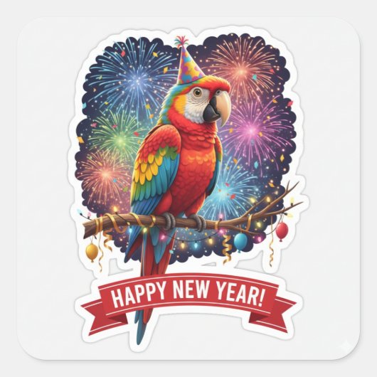 Colorful Parrot New Year Sticker スクエアシール (正面)