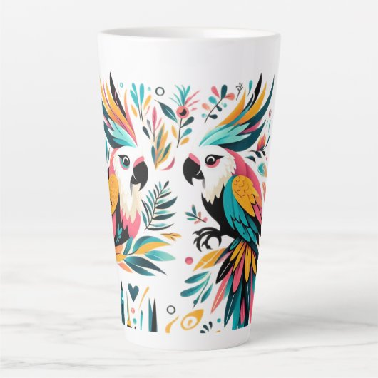 Colorful Parrots Tropical Art カフェラテマグ (正面)