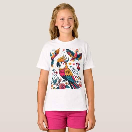 Colorful Parrots Tropical Art Tシャツ (正面フル)