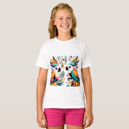 Colorful Parrots Tropical Art Tシャツ (正面フル)