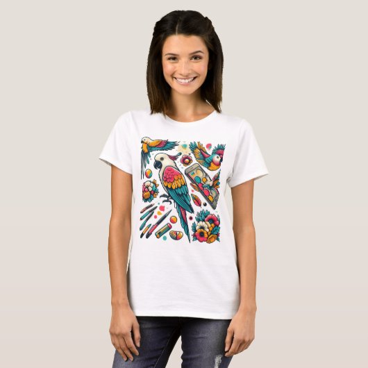 Colorful Parrots Tropical Art Tシャツ (正面フル)