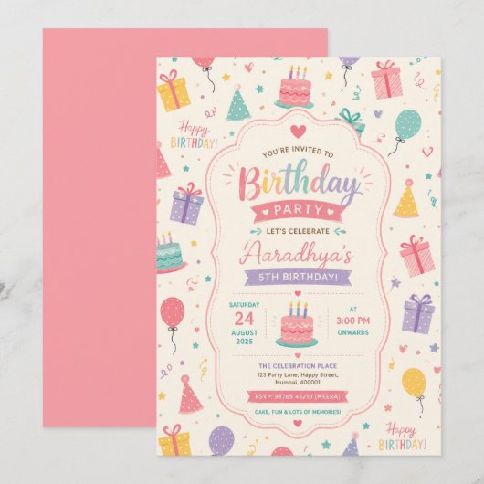 Colorful Pastel Birthday Celebration 招待状 (正面/裏面)