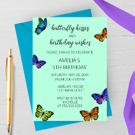 Colorful Pastel Butterfly Kisses Birthday Party 招待状