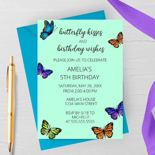 Colorful Pastel Butterfly Kisses Birthday Party 招待状