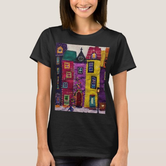 Colorful Patchwork Houses Textile Art Tシャツ (正面)