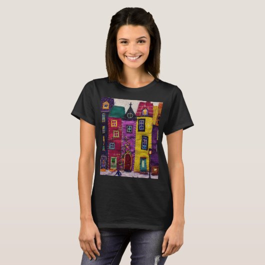 Colorful Patchwork Houses Textile Art Tシャツ (正面フル)