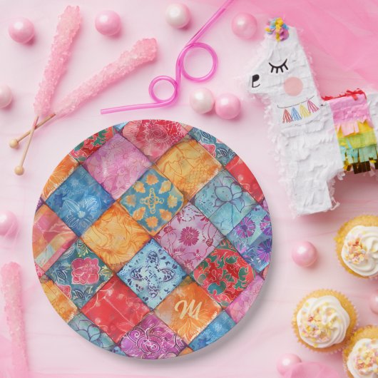Colorful Patchwork Print Monogram ペーパープレート (パーティー)