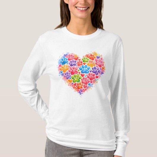 Colorful Paw Print Heart – Watercolor Dog Lover  Tシャツ (正面)
