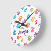 Colorful Paw Print Wall Clock with Custom Name  ラウンド壁時計 (傾斜)