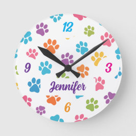 Colorful Paw Print Wall Clock with Custom Name  ラウンド壁時計