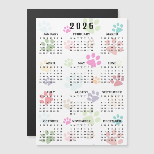 Colorful Paw Prints 2026 Calendar Magnetic Card (正面/裏面)