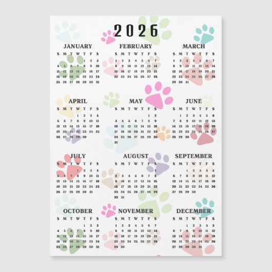 Colorful Paw Prints 2026 Calendar Magnetic Card (正面)