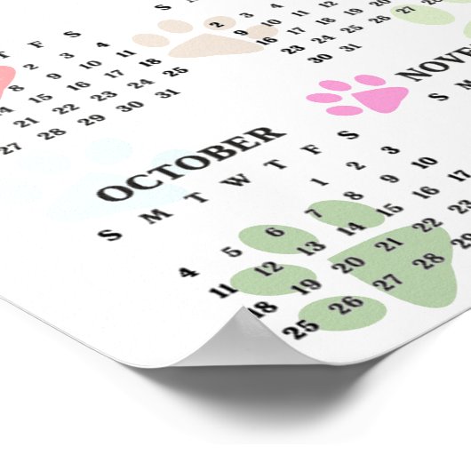 Colorful Paw Prints 2026 Wall Calendar ポスター (角)