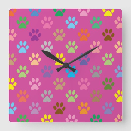 Colorful paw prints pattern スクエア壁時計 (正面)