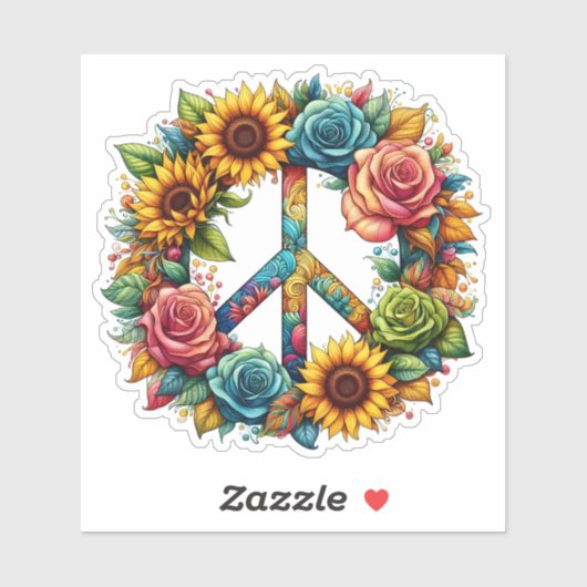 Colorful Peace Symbol Adorned With Vibrant Flowers シール (シート)