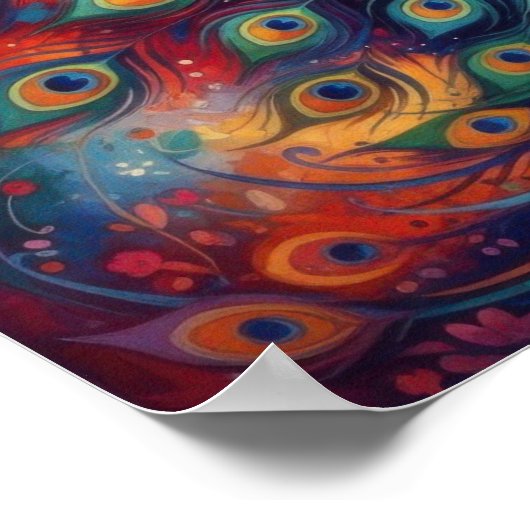 Colorful Peacock Feathers and Flowers ポスター (角)