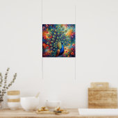 Colorful Peacock Feathers and Flowers ポスター (キッチン)