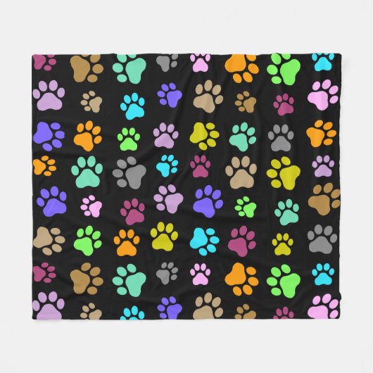 Colorful Pet Paw Pattern on Black Background  フリースブランケット (正面(横))