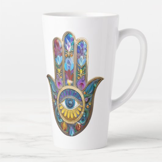 Colorful Petals Leaves Hamsa Sapphire Third Eye カフェラテマグ (右)