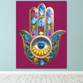Colorful Petals Leaves Hamsa Sapphire Third Eye キャンバスプリント (インサイチュ (ウッドフロア))
