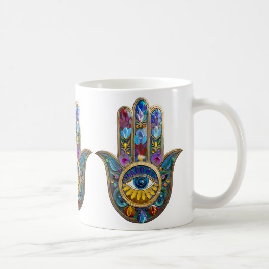 Colorful Petals Leaves Hamsa Sapphire Third Eye コーヒーマグカップ (右)