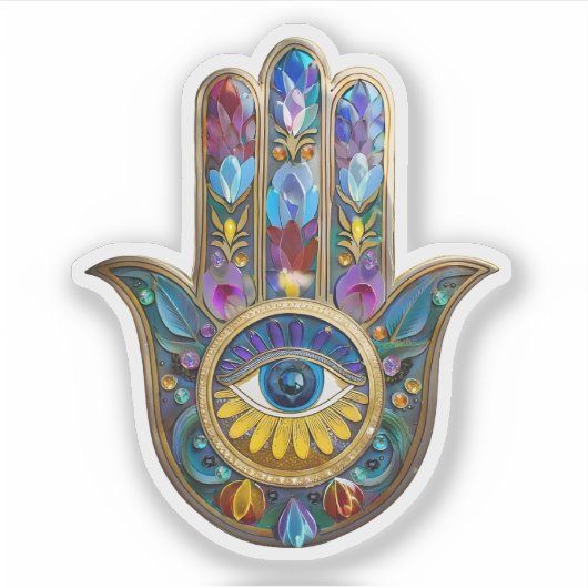 Colorful Petals Leaves Hamsa Sapphire Third Eye シール (正面)
